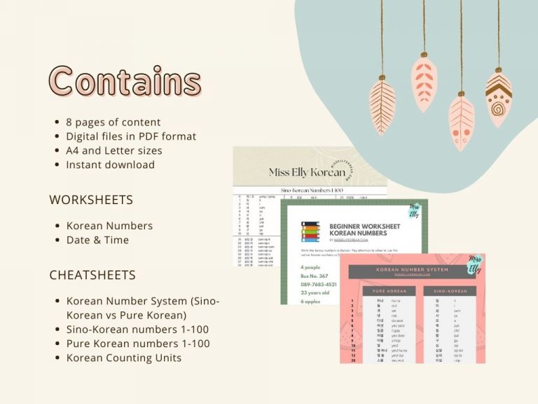 Korean Numbers, Counting, Date &amp; Time PDF Worksheet Cheatsheet set ...